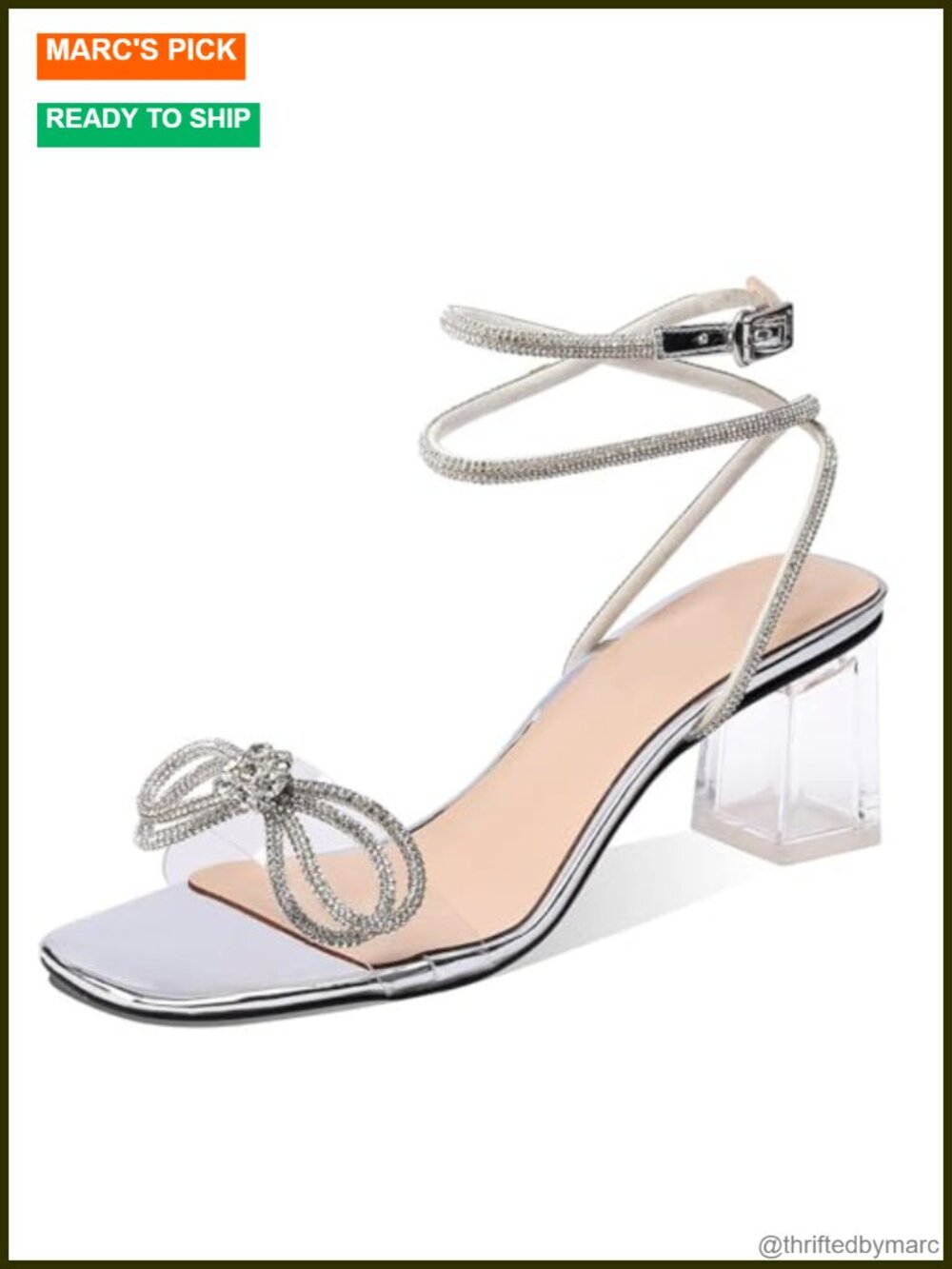 Clear Bow Heels for Women Rhinestone Crystal Square Toe Block Chunky Heels 2.5